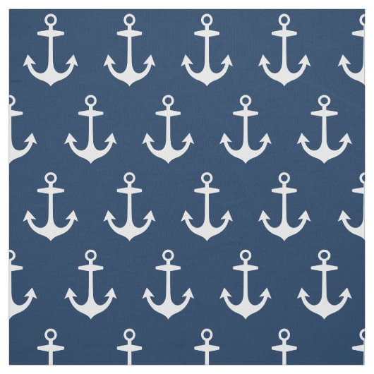 Nautical Navy Blue and White Anchors Pattern Stof (Swatch)