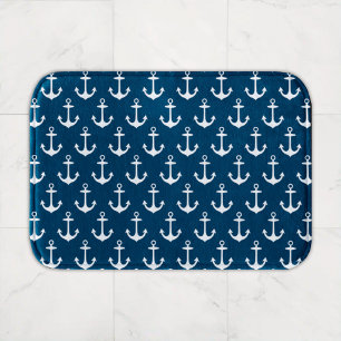 Nautical Navy Blue and White Boat Anchor Pattern Badmat