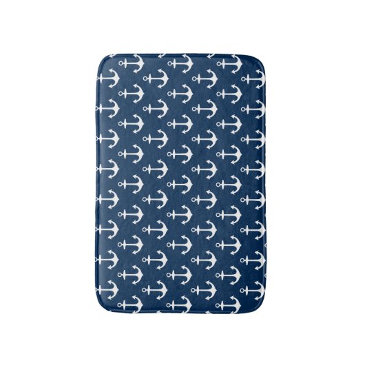 Nautical Navy Blue and White Boat Anchor Pattern Badmat (Voorkant Verticaal)
