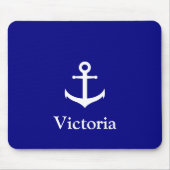 Nautical Navy Blue and White Name Text met Anchor Muismat (Voorkant)