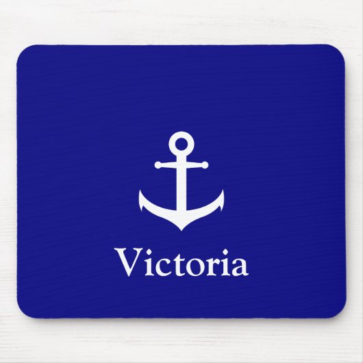 Nautical Navy Blue and White Name Text met Anchor Muismat (Voorkant)