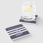 Nautical Navy Blue and White Stripes & Sailboat Stenen Onderzetter (Zijkant)