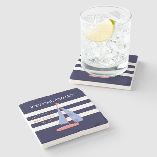 Nautical Navy Blue and White Stripes & Sailboat Stenen Onderzetter (Zijkant)
