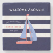 Nautical Navy Blue and White Stripes & Sailboat Stenen Onderzetter (Voorkant)