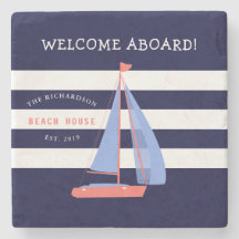 Nautical Navy Blue and White Stripes & Sailboat