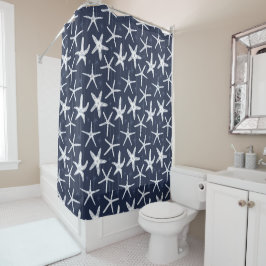 Nautical Navy Blue and White Zee Star Starfish Douchegordijn