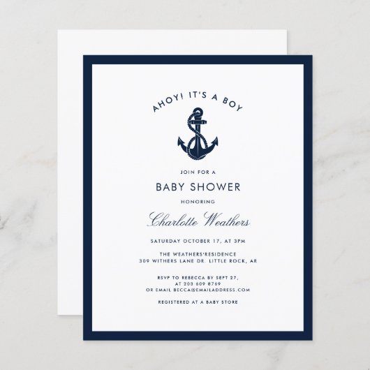 Nautical Navy Blue Anker Baby shower Invitation (Voorkant / Achterkant)
