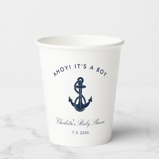Nautical Navy Blue Anker Baby shower Papieren Bekers (Achterkant)
