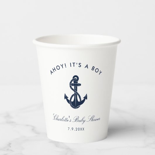 Nautical Navy Blue Anker Baby shower Papieren Bekers (Voorkant)