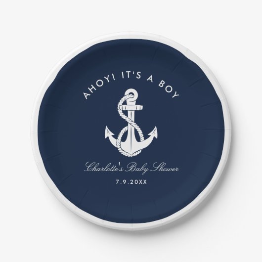 Nautical Navy Blue Anker Baby shower Papieren Bordje (Voorkant)