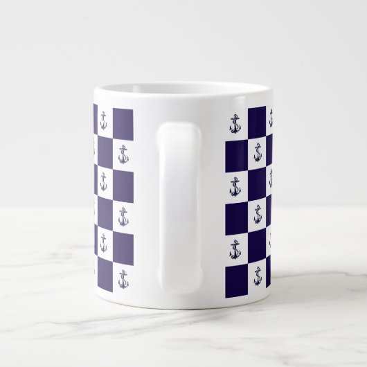 Nautical Navy Blue Anker Checker Board Grote Koffiekop (Achterkant)