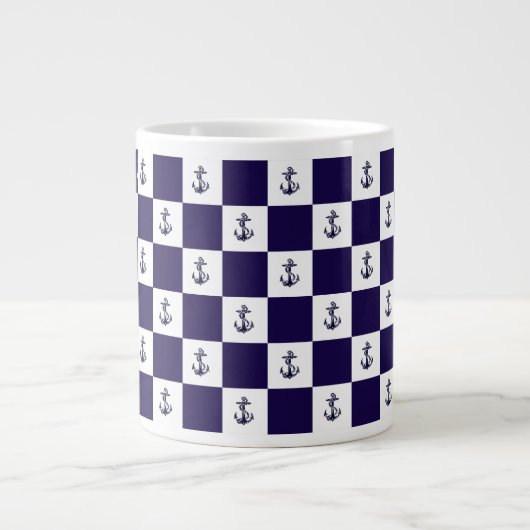 Nautical Navy Blue Anker Checker Board Grote Koffiekop (Voorkant)