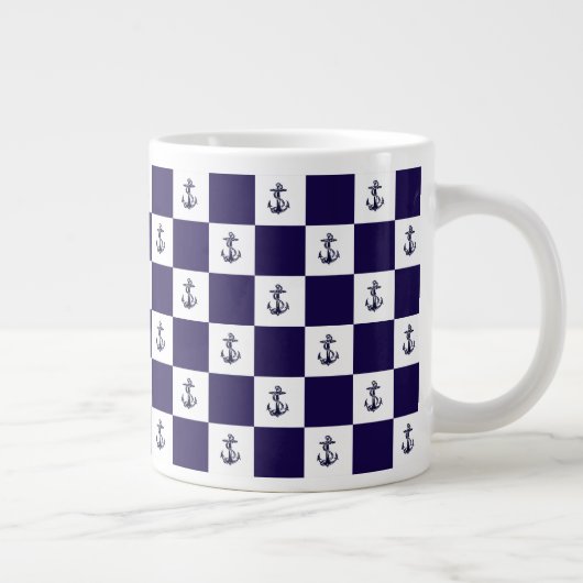 Nautical Navy Blue Anker Checker Board Grote Koffiekop (Rechts)