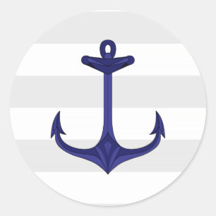 Nautical Navy Blue Anker Grijze witte strepen Ronde Sticker