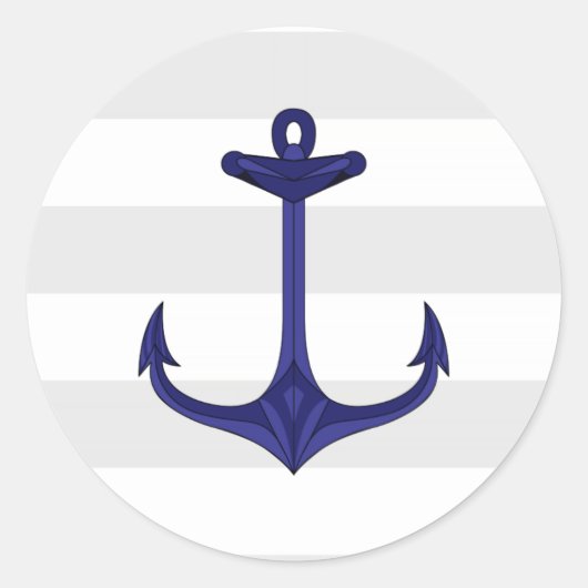 Nautical Navy Blue Anker Grijze witte strepen Ronde Sticker (Voorkant)