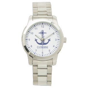 Nautical Navy Blue Anker Monogram Naam Horloge