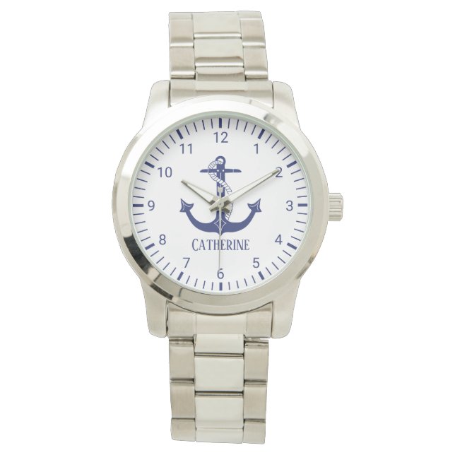 Nautical Navy Blue Anker Monogram Naam Horloge (Voorkant)