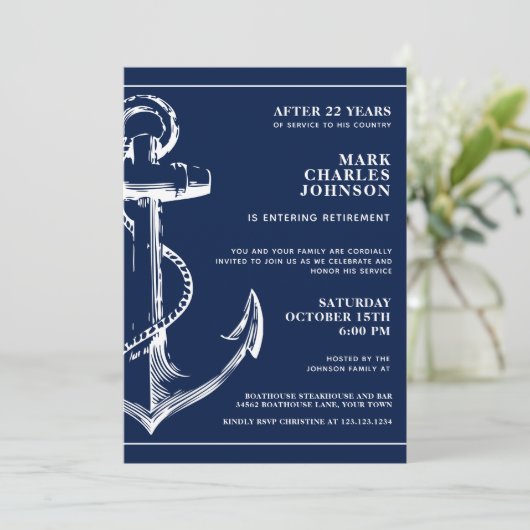 Nautical Navy Blue Anker Pensioen Kaart (Staand voorkant)