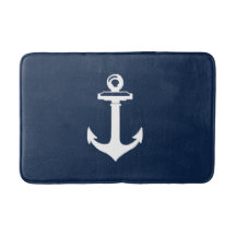 Nautical Navy Blue Bath Mat met White Anchor