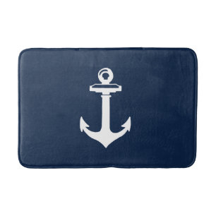 Nautical Navy Blue Bath Mat met White Anchor