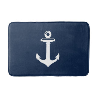 Nautical Navy Blue Bath Mat met White Anchor