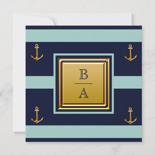 Nautical Navy Blue Blauwgroen Stripes Anchor Weddi Kaart (Voorkant)