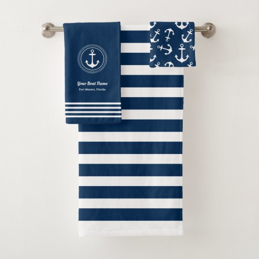 Nautical Navy Blue Boat Name Anchor Bad Handdoek (Insitu)