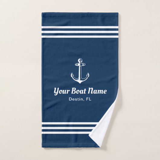 Nautical Navy Blue Boat Name Anchor Bad Handdoek (Handdoek)