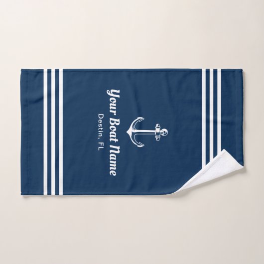 Nautical Navy Blue Boat Name Anchor Bad Handdoek (Handdoek)