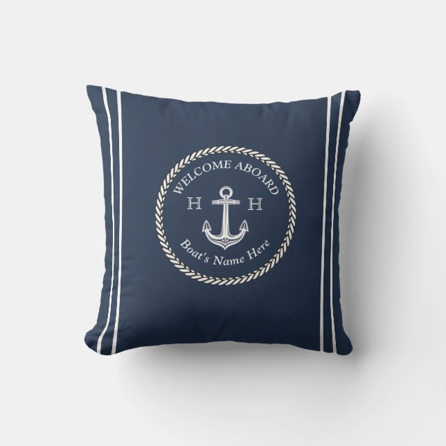 Nautical Navy Blue Boat Name Anchor Rope Buitenkussen (Voorkant)