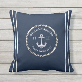Nautical Navy Blue Boat Name Anchor Rope Buitenkussen
