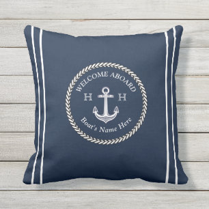 Nautical Navy Blue Boat Name Anchor Rope Buitenkussen