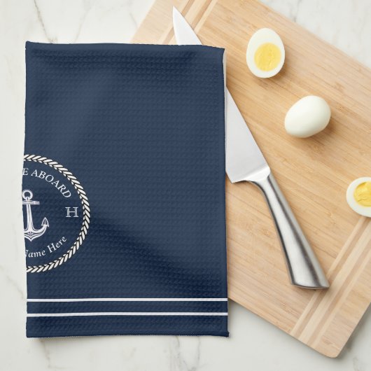 Nautical Navy Blue Boat Name Anchor Rope Kitchen Theedoek (Quarter Fold)