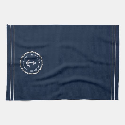 Nautical Navy Blue Boat Name Anchor Rope Kitchen Theedoek (Horizontaal)