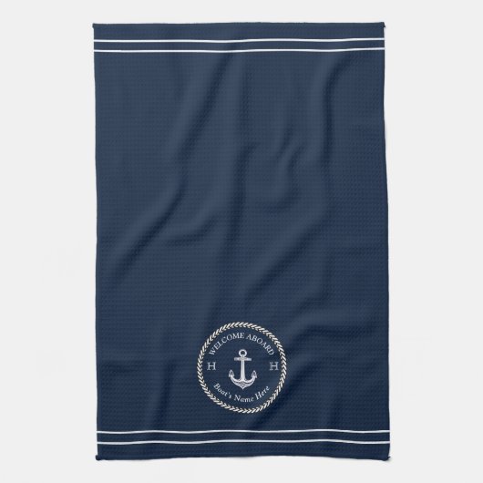 Nautical Navy Blue Boat Name Anchor Rope Kitchen Theedoek (Verticaal)