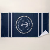 Nautical Navy Blue Boat Name Anchor Rope Strandlaken (Voorkant)