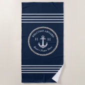Nautical Navy Blue Boat Name Anchor Rope Strandlaken (Voorkant)