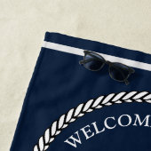 Nautical Navy Blue Boat Name Anchor Rope Striped B Strandlaken (In situ)