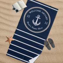 Nautical Navy Blue Boat Name Anchor Rope Striped B