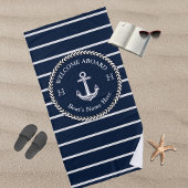 Nautical Navy Blue Boat Name Anchor Rope Striped Strandlaken