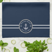 Nautical Navy Blue Boat Name Anchor Rope Theedoek (Gevouwen)