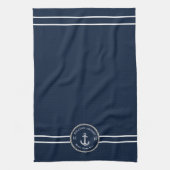 Nautical Navy Blue Boat Name Anchor Rope Theedoek (Verticaal)