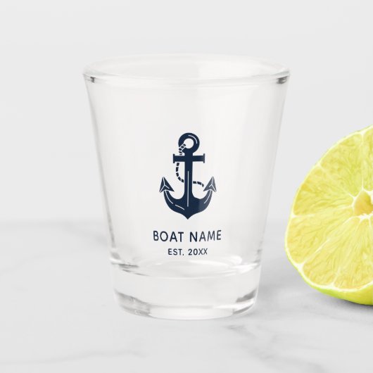 Nautical Navy Blue Boat Name Anchor Shot Glas (Voorkant)