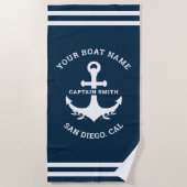 Nautical Navy Blue Boat Name Strandlaken (Voorkant)