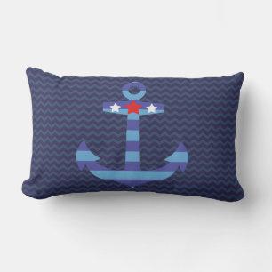 Nautical Navy Blue Chevron   Blauwe anker Buitenkussen