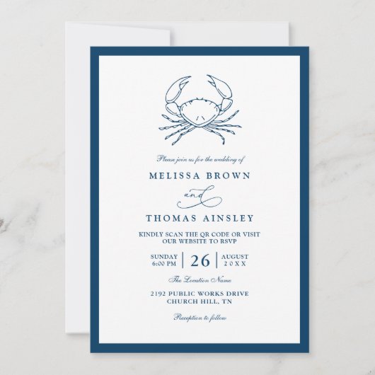Nautical Navy Blue Crab Beach QR Code Wedding Kaart (Voorkant)