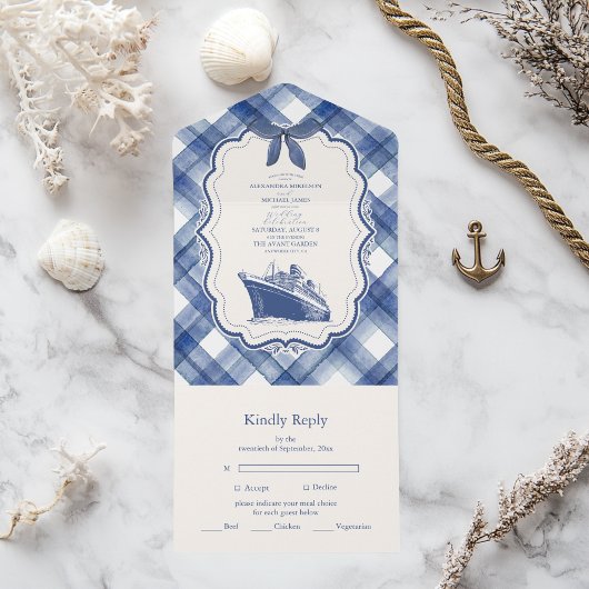 Nautical Navy Blue Cruise Wedding All In One Uitnodiging