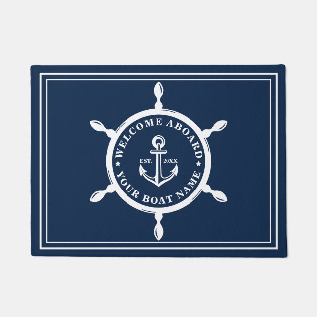 Nautical Navy Blue Custom Boat Name Anchor Deurmat (Voorkant)