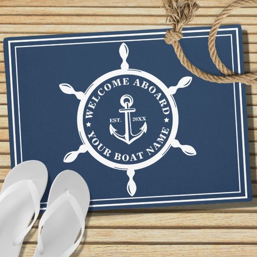 Nautical Navy Blue Custom Boat Name Anchor Deurmat