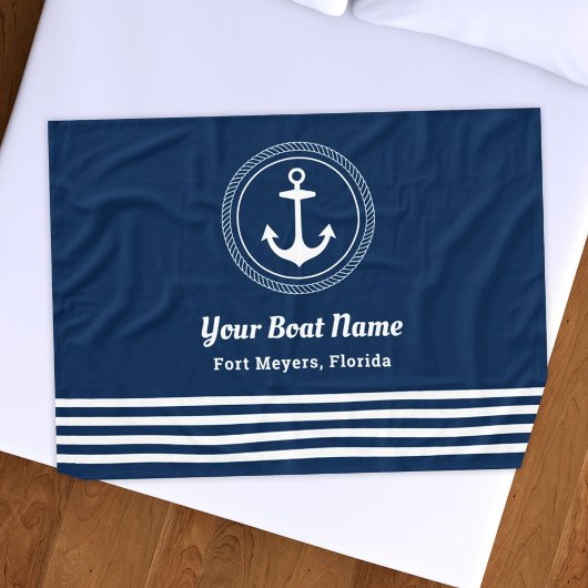Nautical Navy Blue Custom Boat Name Anchor Fleece Deken
